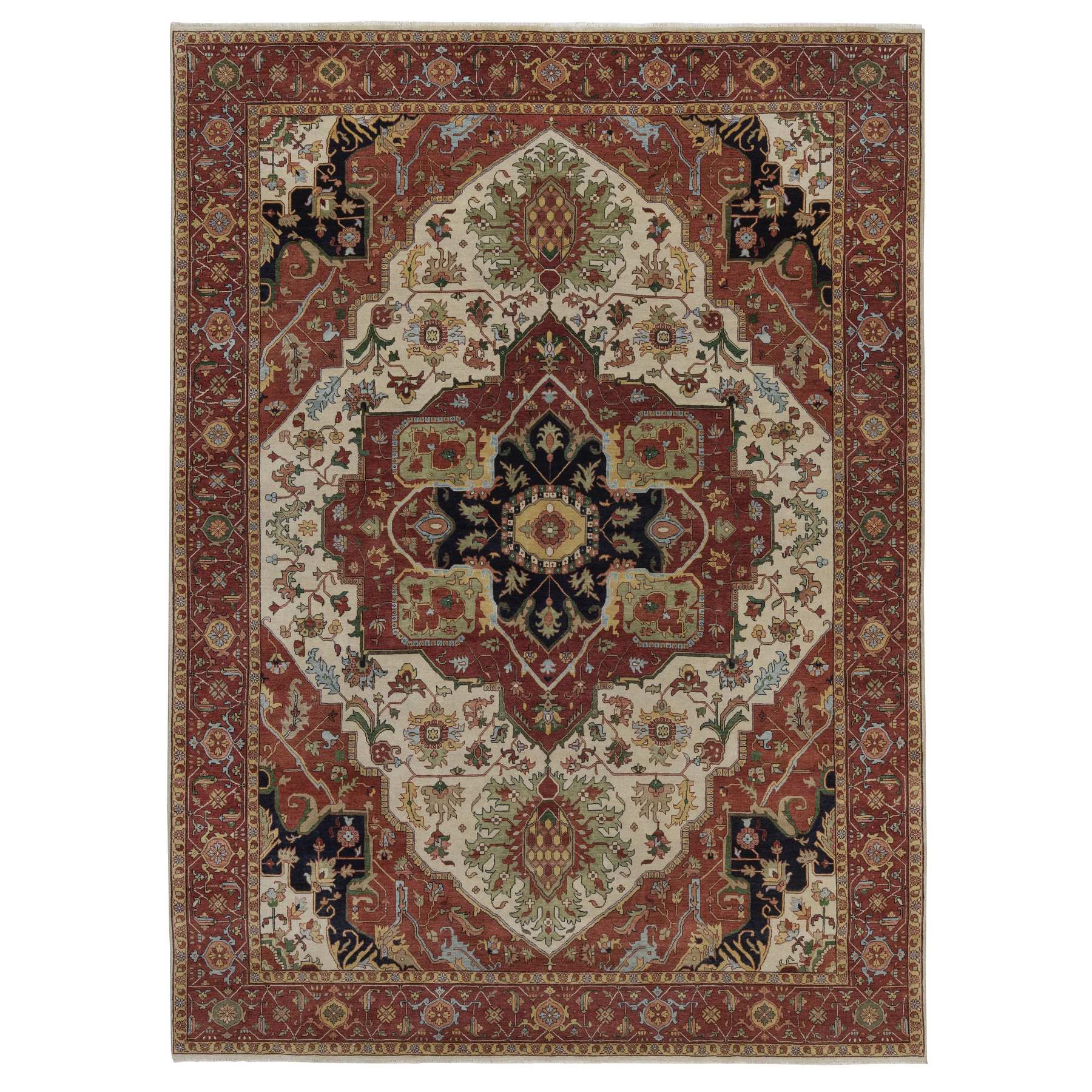 8'9"x12' Chiffon White, Antiqued Fine Heriz Re-Creation with Medallion Design, Hand Knotted, Hand Spun New Zealand Wool, Soft Pile, Vegetable Dyes, Oriental Rug 